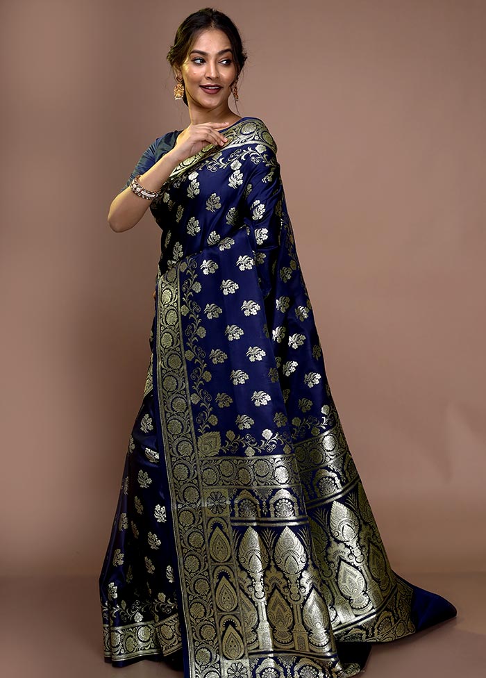Buy Navy Blue Banarasi Meenakari Silk Saree For Women Online