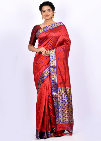 Silkalay - Muga Silk Saree Suta work Red and Black Motif... | Facebook