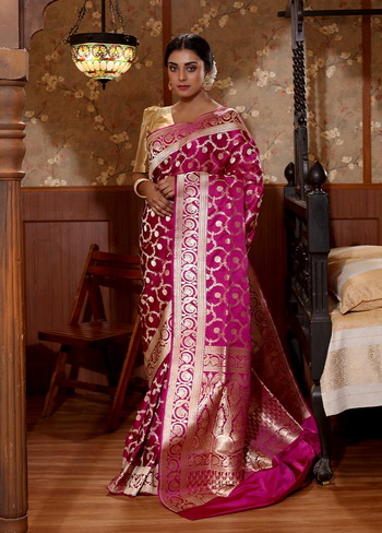 Indian Sari Fabric Magenta Brocade Silk Banaras Silk