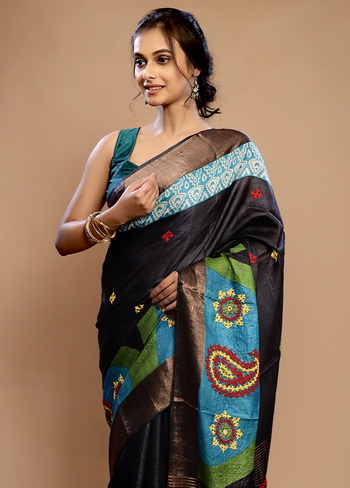 Black Tussar Silk Saree With Blouse Piece - 8100000663242S9